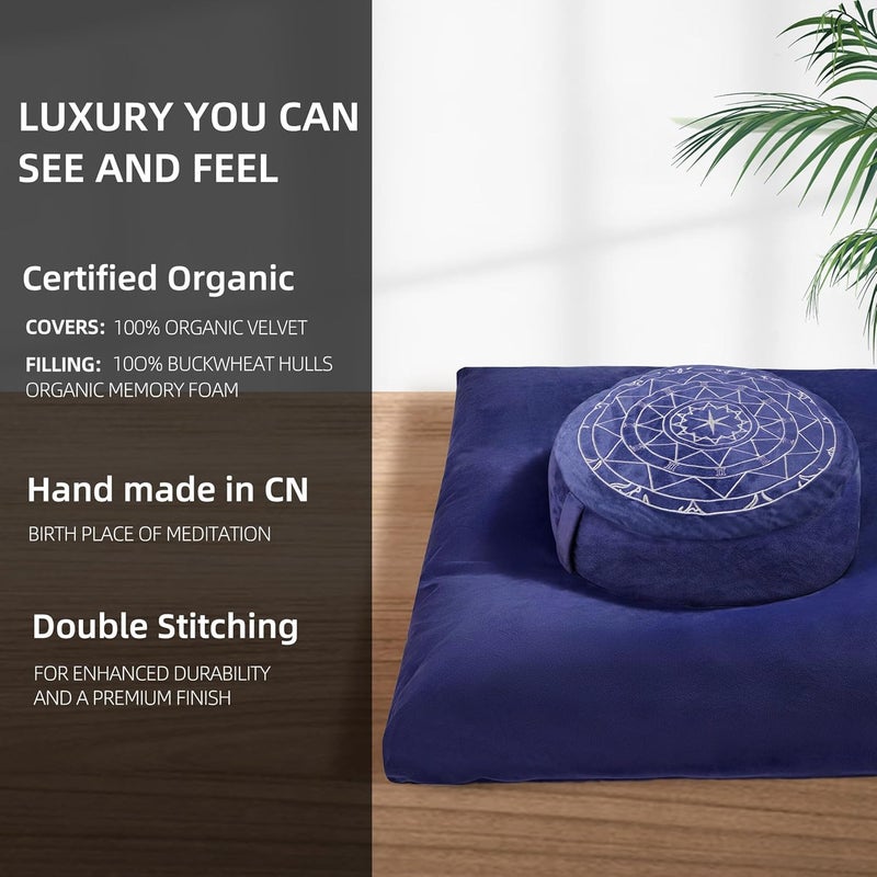 ellier Zafu & Zabuton Meditation Cushion Set - Buckwheat Hull & Memory Foam Pillows, Ergonomic Support for Yoga, Mindfulness - Organic Velvet Cover, Large Size, Durable Comfort (Dark Blue) - Image 5
